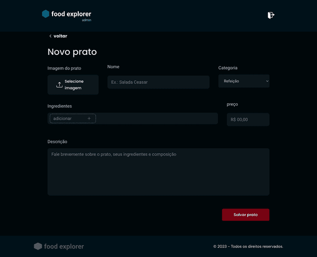 Cadastro de prato no Food Explorer