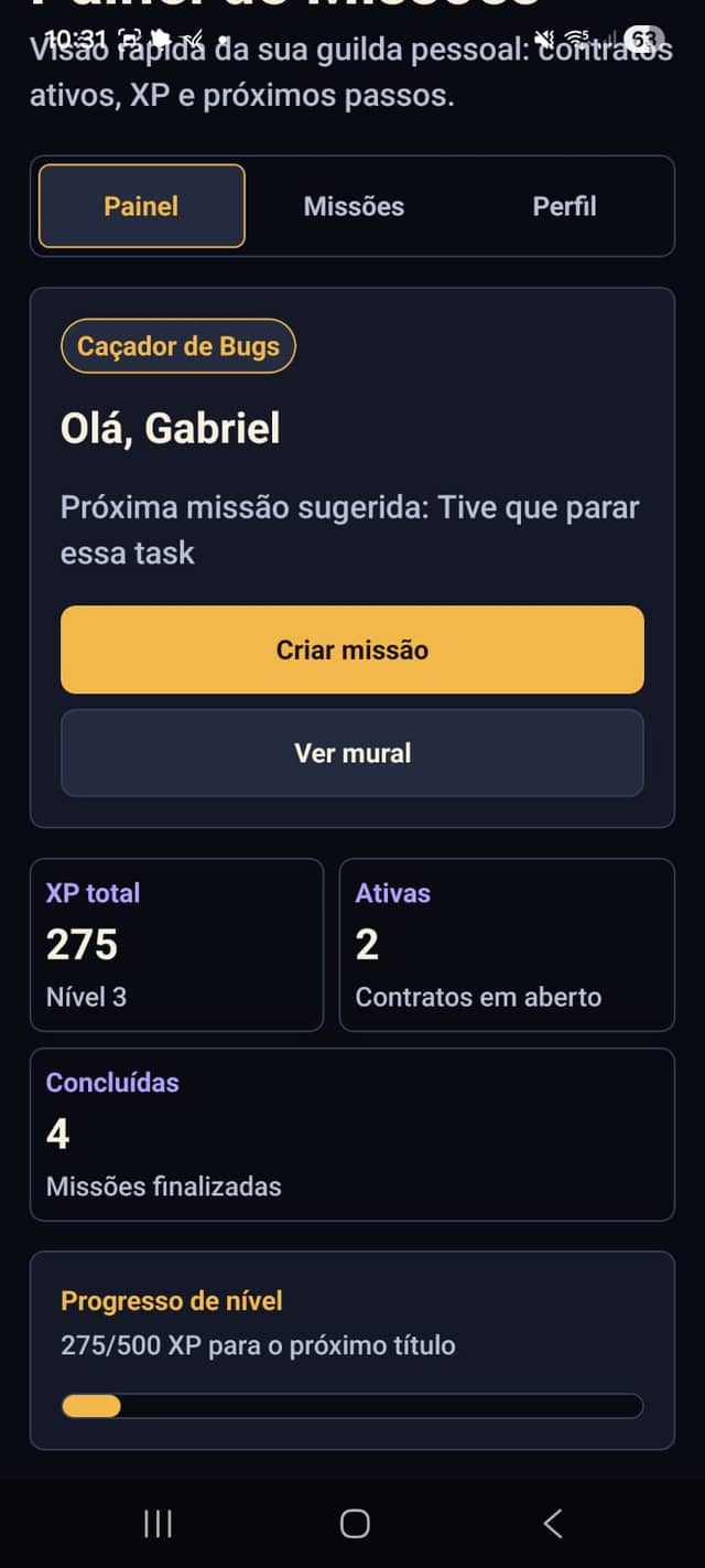 Painel principal do Quest Log