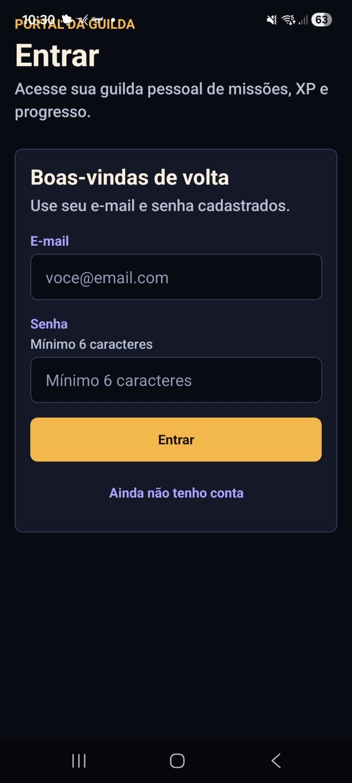 Tela de login do Quest Log