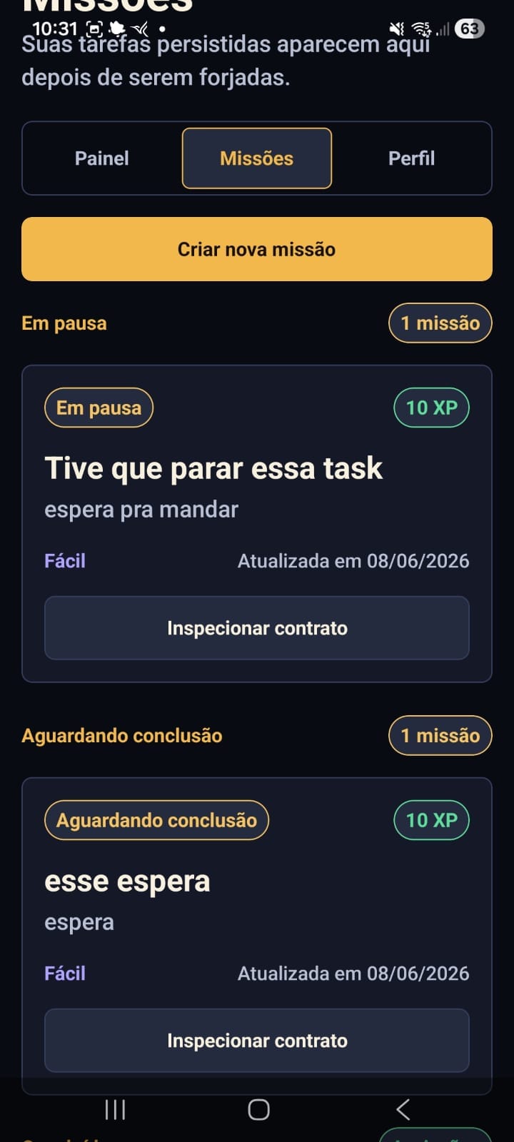 Tela de missões do Quest Log
