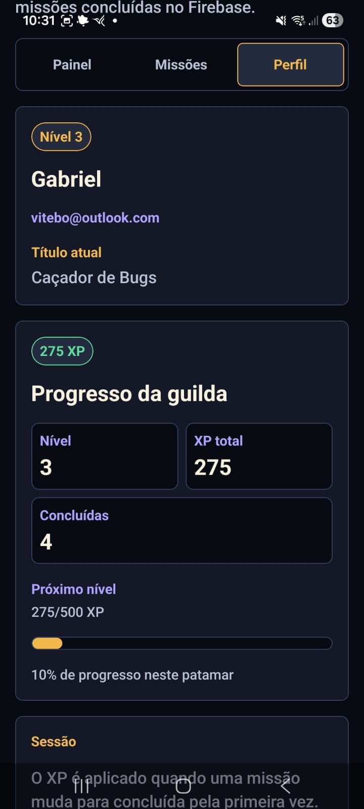 Perfil do usuário no Quest Log