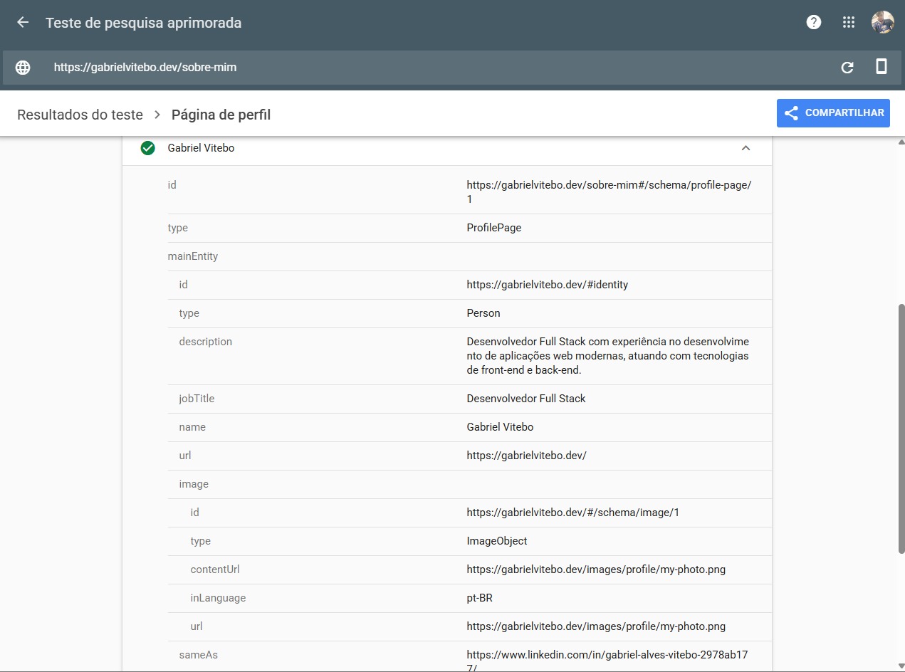 Resultado da página de perfil no Google exibindo informações enriquecidas a partir do conteúdo encontrado.