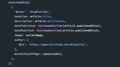 Dados estruturados do blog usando Schema.org BlogPosting e relacionando o artigo ao autor.