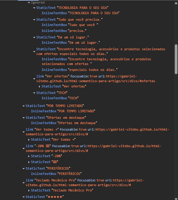 Árvore de acessibilidade de uma página construída sem HTML semântico.
