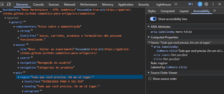 DevTools do navegador mostrando onde ativar ou visualizar a árvore de acessibilidade.